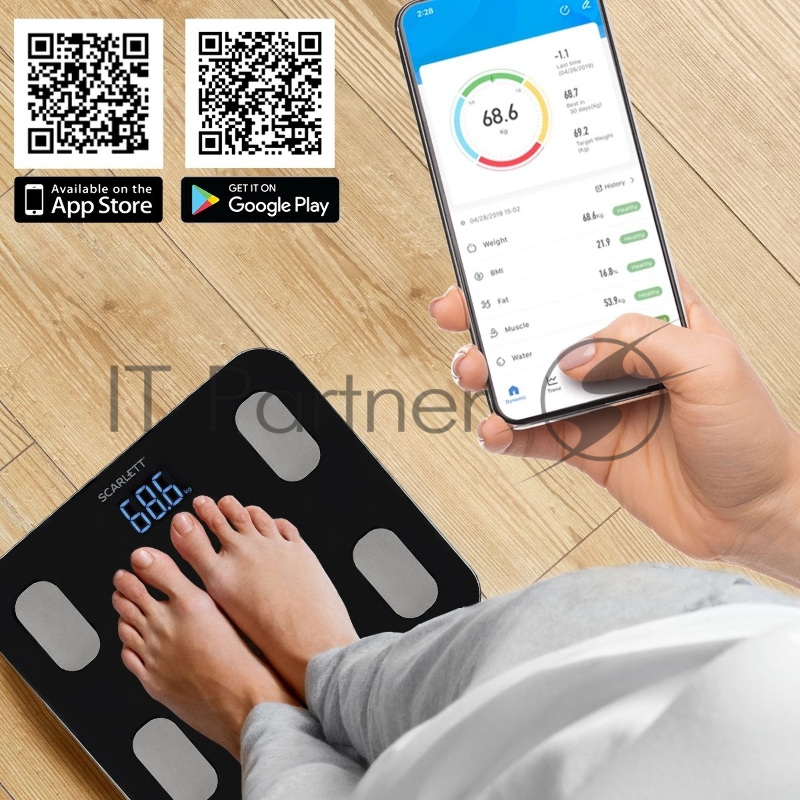 Весы Scarlett SC-BS33ED46 (черный)Тип: Диагностические Материал корпуса: ABS-пластик и закаленное стекло Максимальный вес, кг: 150 Цена деления, г: 100 Измерение уровня жира: Да Измерение уровня воды: Да Измерение мышечной массы: Да Измерение костной