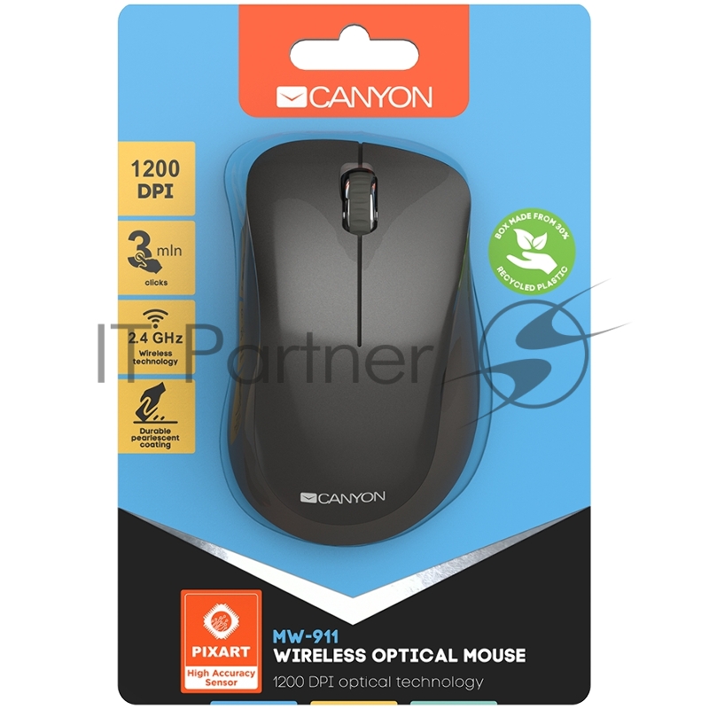 Мышь Canyon 2.4 GHz Wireless mouse ,with 3 buttons, DPI 1200, Battery:AAA*2pcs,Dark Gray ,67*109*38mm,0.063kg