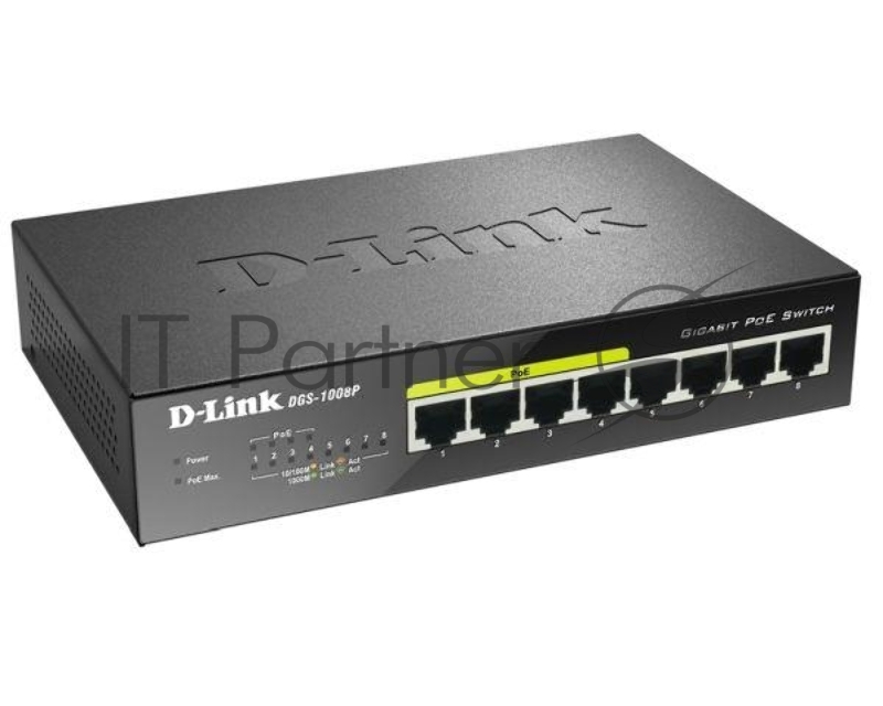 Коммутатор Unmanaged Switch with 8 10/100/1000Base-T ports (4 PoE ports 802.3af/802.3at (30 W), PoE Budget 68).8K Mac address, Auto-sensing, 802.3x Flow Control, Stand-alone, Auto MDI/MDI-X for each port, D-link Green technology, Metal case.Manual +