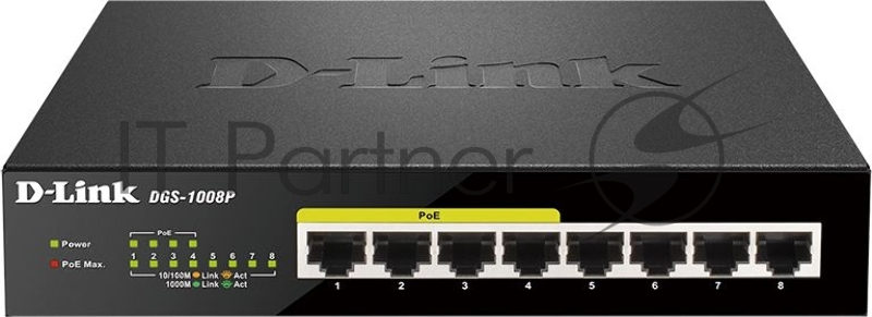 Коммутатор Unmanaged Switch with 8 10/100/1000Base-T ports (4 PoE ports 802.3af/802.3at (30 W), PoE Budget 68).8K Mac address, Auto-sensing, 802.3x Flow Control, Stand-alone, Auto MDI/MDI-X for each port, D-link Green technology, Metal case.Manual +