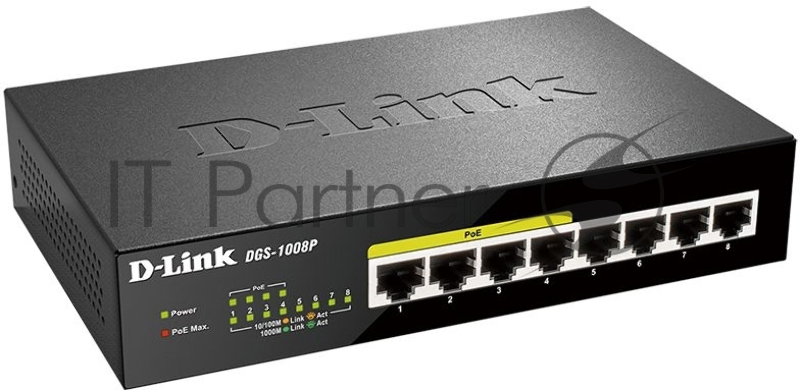 Коммутатор Unmanaged Switch with 8 10/100/1000Base-T ports (4 PoE ports 802.3af/802.3at (30 W), PoE Budget 68).8K Mac address, Auto-sensing, 802.3x Flow Control, Stand-alone, Auto MDI/MDI-X for each port, D-link Green technology, Metal case.Manual +