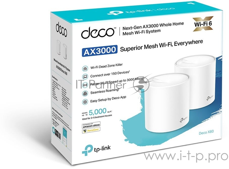 Система TP-Link Mesh AX3000 Whole Home Wi-Fi System, Wi-Fi 6, 2402Mbps (4 streams) at 5GHz and 574Mbps (2 streams) at 2.4GHz, 2 Gigabit ports of each unit, support OFDMA, MU-MIMO, 802.11k/v/r seamless roaming, support WPA3, HomecareTM system, easy s