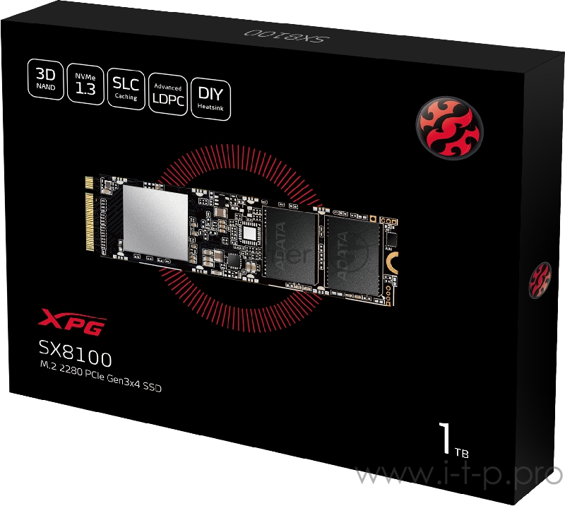 Твердотельный накопитель ADATA SX8100 SSD 1TB, 3D TLC, M.2 (2280), PCIe Gen 3.0 x4, NVMe, R3500/W1900, TBW 640