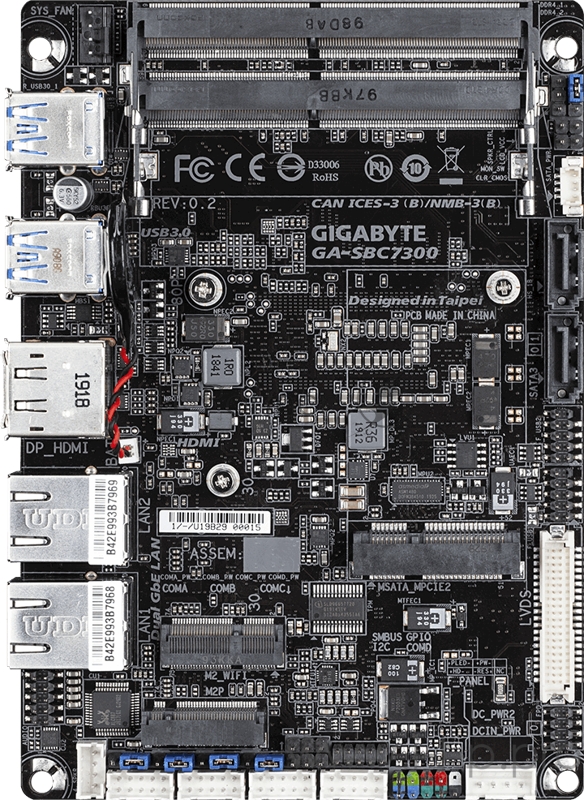 Материнская плата GA-SBC7300, Intel® Core™ i5-7300U (3.5 GHz), 2xDDR4-2133 SO-DIMM, HDMI+DP+LVDS, 2xSATA3, 1xMSATA, 1xM.2, 2 Ch Audio, 2xGLan, (0+4)xUSB2.0, (4+0)xUSB3.1, SBC, RTL {}