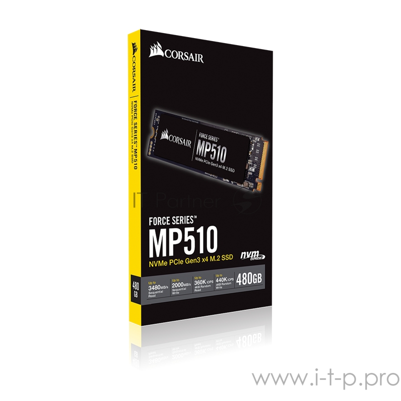 Накопитель SSD M.2 2280 480GB Corsair MP510 Client SSD CSSD-F480GBMP510B PCIe Gen3x4 with NVMe, 3480/2000, IOPS 120/490K, MTBF 1.8M, 3D TLC, 360TBW, 0.41DWPD, Heatsink, RTL