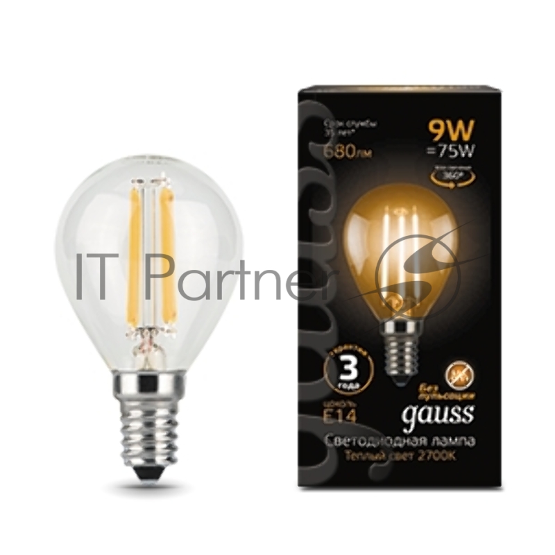 Лампа светодиодная Filament Шар E14 9Вт 2700К GAUSS 105801109