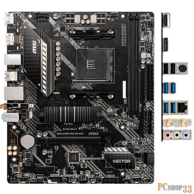 Материнская плата MSI MAG A520M VECTOR WIFI Soc-AM4 AMD A520 2xDDR4 mATX AC`97 8ch(7.1) GbLAN RAID+HDMI+DP