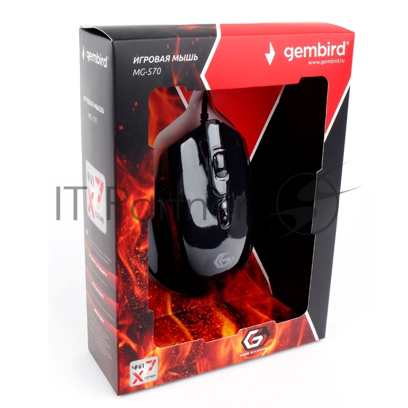 Мышь игровая Gembird MG-570, USB, черный, 7 кн, 3200 DPI, 6 реж.подсв., кабель ткан 1.8м