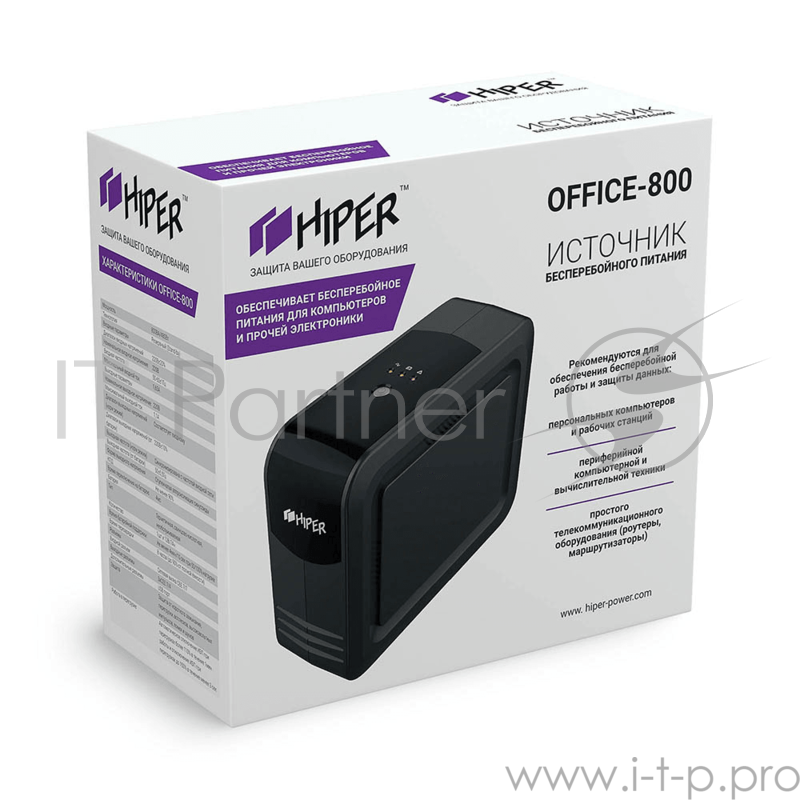 Блок питания HIPER ИБП HIPER OFFICE-800, Standby, 800ВА(480Вт), 3 розетки Schuko, USB-порт, чёрный