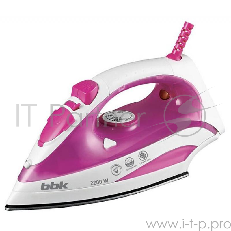 Утюг BBK ISE-2200 розовыйМощность 2200 Вт, паровой удар, вертикальное отпаривание, плавные регулировки подачи пара и температуры, керамическое покрытие подошвы.