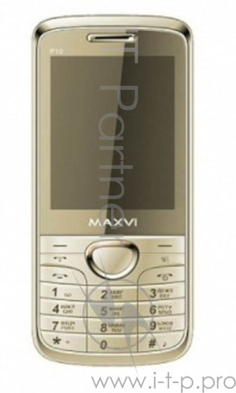 Мобильные телефон MAXVI P10 GOLD (2 SIM) GSM 850/900/1800/1900. Дисплей 2.8” TFT QVGA, разрешение 240х320 пикс. Камера 1,3 Мпикс. Видеоплеер. Аудиоплеер. FM-радио. microSD. Фонарик.