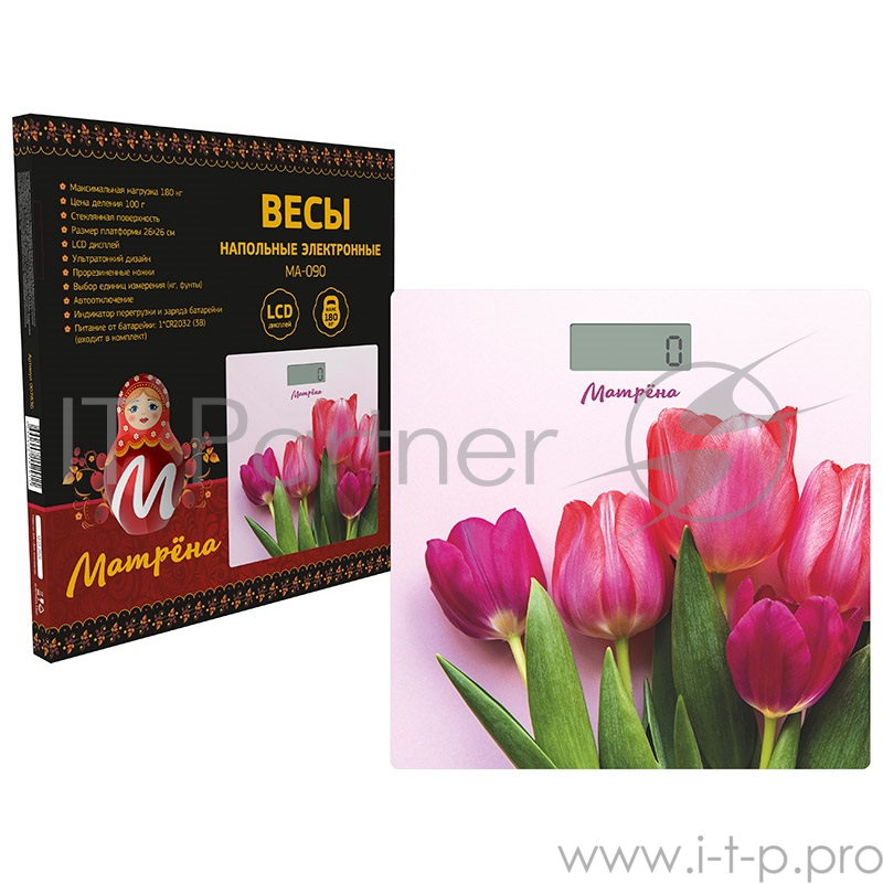Весы напольные электронные МАТРЁНА МА-090 тюльпаны (стеклянная поверхность, 180 кг)