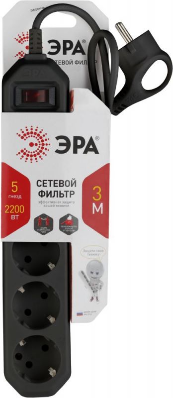 ЭРА Удлинители бытовые, Сетевые фильтры Эра Б0019034 Сетевой фильтр USF-5es-3m-B (черный) с заземл, 3x0,75мм2, с выкл, 5гн, 3м {защита от короткого замыкания, от перегрузки, от импульсных помех}