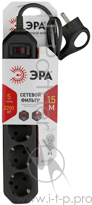 ЭРА Удлинители бытовые, Сетевые фильтры Эра Б0019032 Сетевой фильтр USF-5es-1,5m-B (черный) с заземл, 3x0,75мм2, с выкл, 5гн, 1,5м {защита от короткого замыкания, от перегрузки, от импульсных помех}