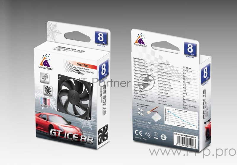 Вентилятор Glacialtech GT ICE 8B 80x80x25mm 3-pin 4-pin (Molex)21dB Ret