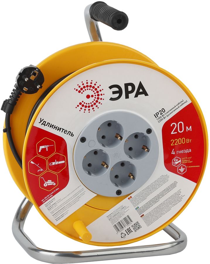 Эра Силовые удлинители на рамке и на катушке ЭРА Б0033020 Удлинитель силовой RP-4-3х0.75-20m с заземлением 4 гн 3х0.75мм пластиковая катушка