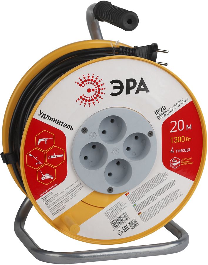 Эра Силовые удлинители на рамке и на катушке ЭРА Б0017618 Удлинитель силовой RP-4-2x0.75-20m без заземления 4 гн 2х0.75мм пластиковая катушка