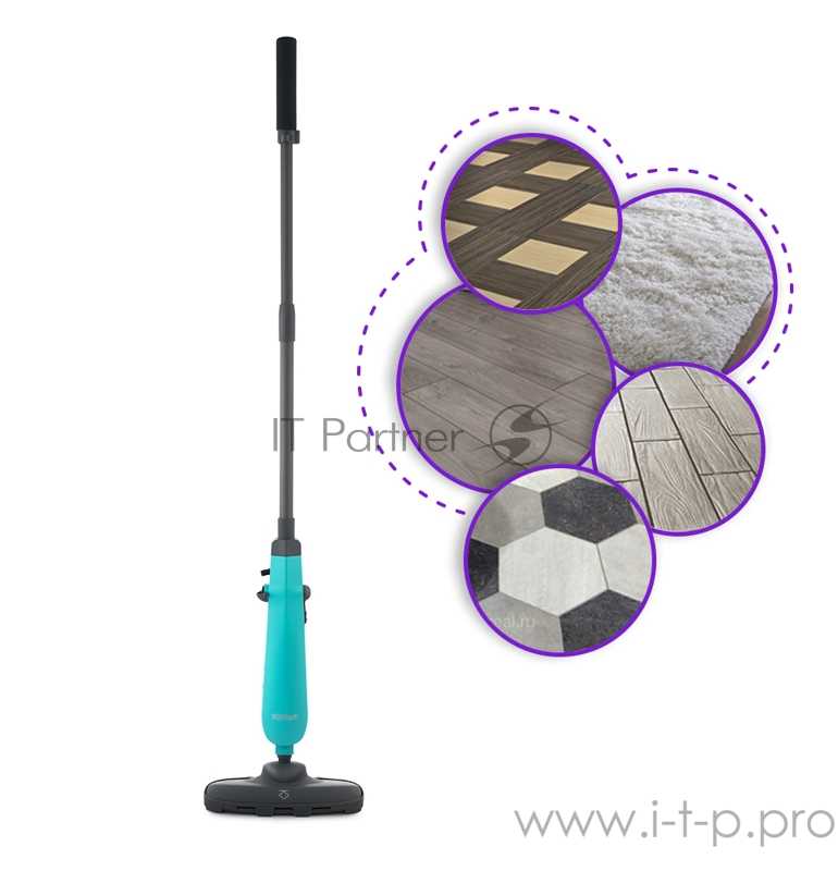 Паровая швабра КТ-1011-3 бирюзовый. Принцип действия паровой швабры Kitfort KT-1011 основан на воздействии горячего пара на загрязнения. Пар проникает внутрь загрязнения, размягчая и растворяя его, а затем с помощью тряпки или щётки частички грязи см