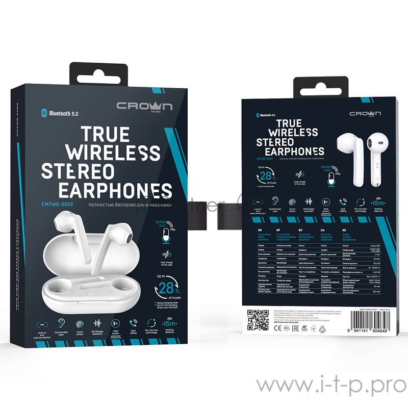 Полностью беспроводные наушники CROWN CMTWS-5009 white