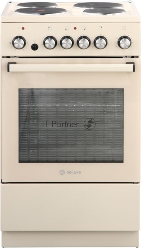 Электрическая плита De Luxe 5004.16э-016 кофе с молокомЧетырехконфорочная, Типоразмер 50*50см, экспресс-конфорка на 2кВт, мех. таймер , духовка с терморегулятором, грилем, вертелом с эл./приводом, подсветкой, в кофе с молоком цветовом исполнении, 2 ш