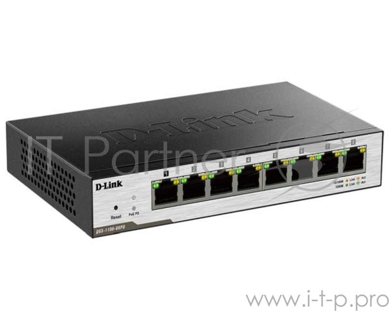 Коммутатор D-Link DGS-1100-08PD/B1BL2 Smart Switch with 7 10/100/1000Base-T ports and 1 10/100/1000Base-T PD port(2 PoE ports 802.3af (15,4 W), PoE Budget 18W from 802.3at / 8W from 802.3af)8K Mac address, 802.3