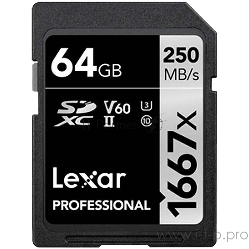 Карта LEXAR 64GB Professional 1667x SDXC UHS-II cards, up to 250MB/s read 80MB/s write C10 V60 U3