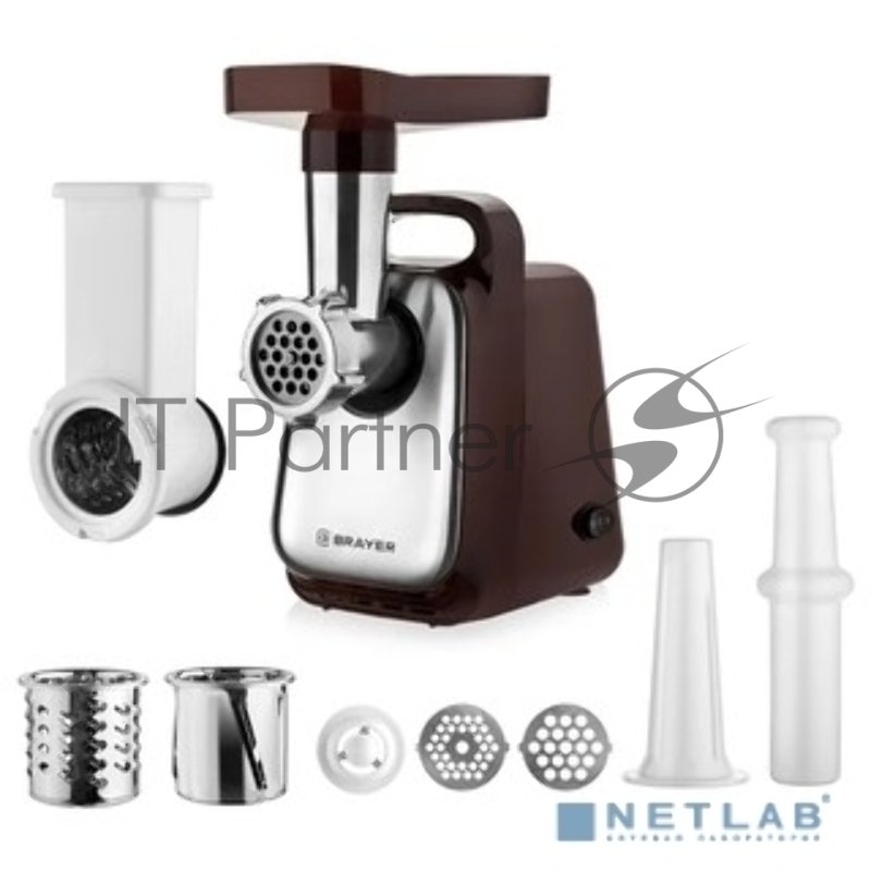 Мясорубка 1601BK BRAYER, 1300 Вт,реверс, насадки кеббе, колбасы, 2 диска, отсек для хранения, толкат