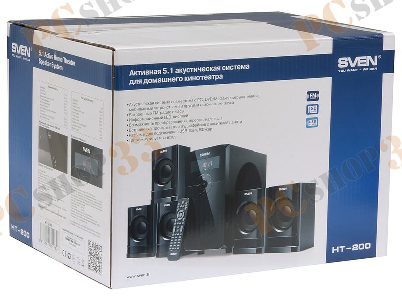 Акустическая система 5.1 Sven HT-200, сабвуфер 20Вт, сателлиты 5x12Вт, с MP3 плеером, с FM радио, черный