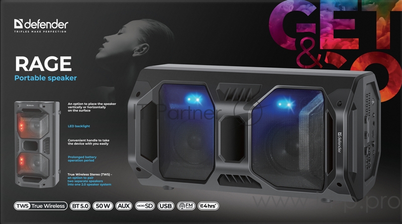 Портативная акустика Defender Rage 50Вт, Light/BT/FM/USB/LED/TWS