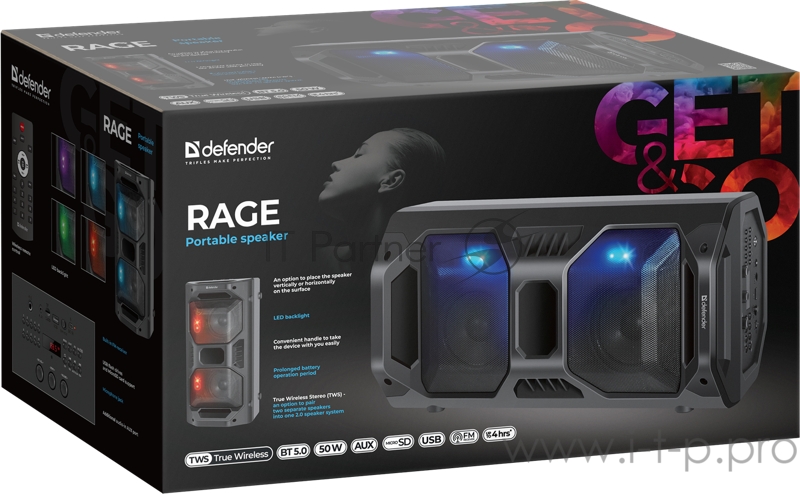 Портативная акустика Defender Rage 50Вт, Light/BT/FM/USB/LED/TWS