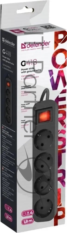 Удлинитель Defender с заземлением G418 Выключатель, 1.8 м, 4 розетки