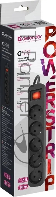 Удлинитель Defender с заземлением G518 Выключатель, 1.8 м, 5 розеток