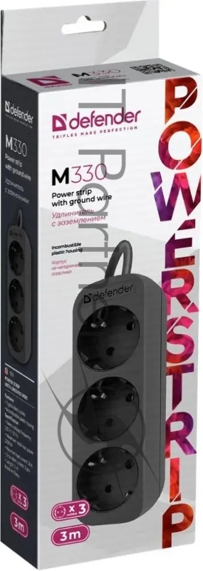 Удлинитель Defender с заземлением M330 3.0 м, 3 розетки, черный
