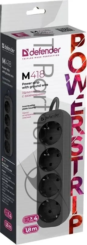 New Defender Удлинитель с заземлением M418 1.8 м, 4 розетки, черный