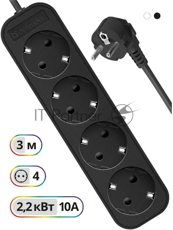Удлинитель Defender с заземлением M430 3.0 м, 4 розетки, черный