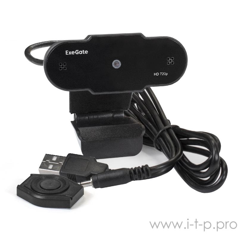 Веб-камера ExeGate EX287385RUS BlackView C525 HD (матрица 1/3 1,3 Мп, 1280х720, 720P, 30fps, 4-линзовый объектив, шторка, USB, фиксированный фокус, микрофон с шумоподавлением, универсальное крепление, отверстие под штатив, кабель 1,5 м, Win Vista/7/8