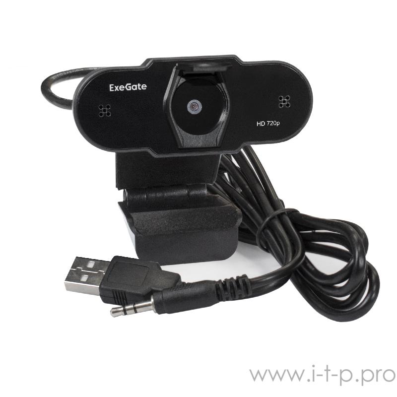 Веб-камера ExeGate EX287385RUS BlackView C525 HD (матрица 1/3 1,3 Мп, 1280х720, 720P, 30fps, 4-линзовый объектив, шторка, USB, фиксированный фокус, микрофон с шумоподавлением, универсальное крепление, отверстие под штатив, кабель 1,5 м, Win Vista/7/8