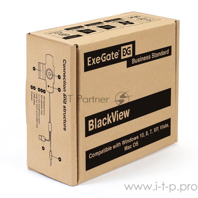 Веб-камера ExeGate EX287385RUS BlackView C525 HD (матрица 1/3 1,3 Мп, 1280х720, 720P, 30fps, 4-линзовый объектив, шторка, USB, фиксированный фокус, микрофон с шумоподавлением, универсальное крепление, отверстие под штатив, кабель 1,5 м, Win Vista/7/8