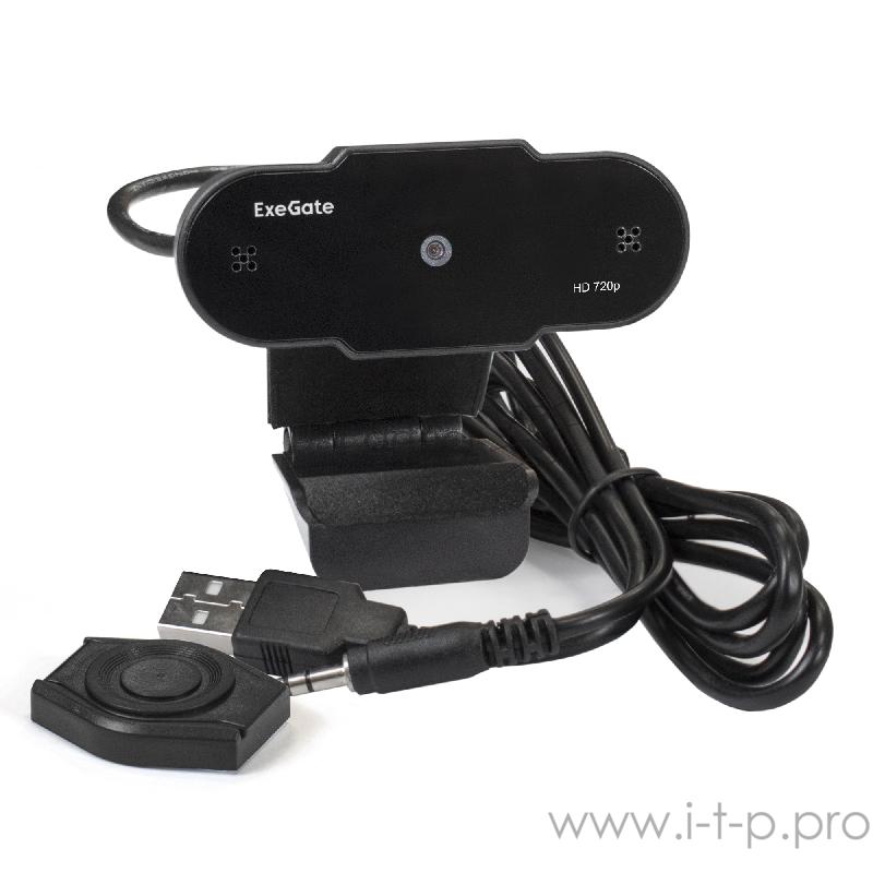 Веб-камера ExeGate EX287386RUS BlackView C525 HD Tripod (матрица 1/3 1,3 Мп, 1280х720, 720P, 30fps, 4-линзовый объектив, шторка, USB, фиксированный фокус, микрофон с шумоподавлением, универсальное крепление, штатив Flex в комплекте, кабель 1,5 м, Win