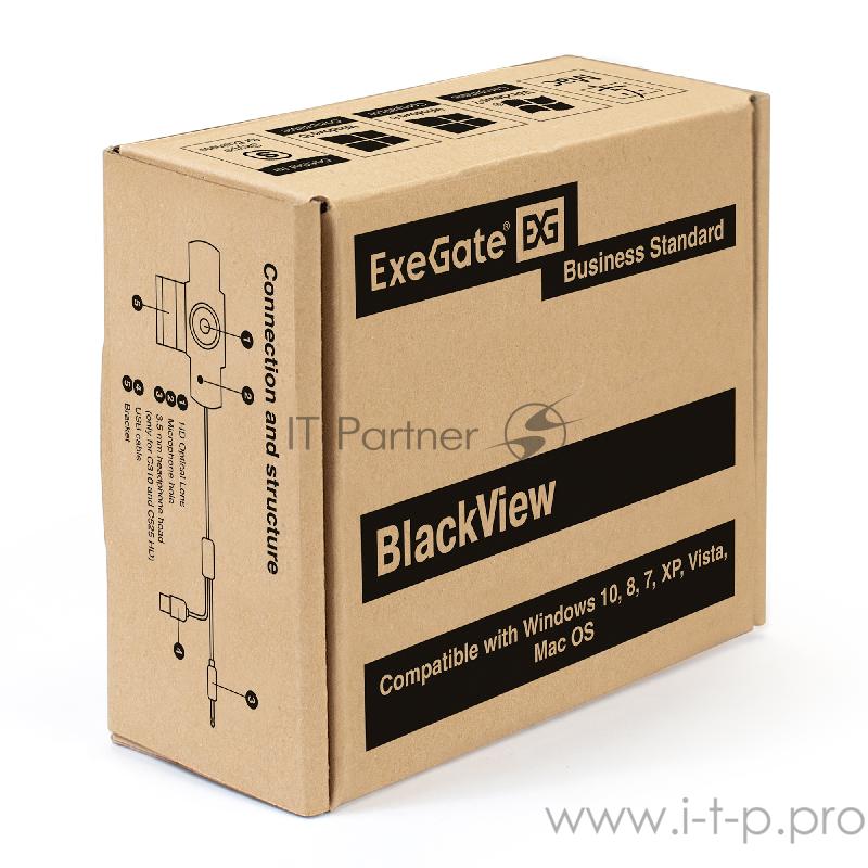 Веб-камера ExeGate EX287387RUS BlackView C615 FullHD (матрица 1/3 2 Мп, 1920х1080, 1080P, 30fps, 4-линзовый объектив, шторка, USB, фиксированный фокус, микрофон с шумоподавлением, универсальное крепление, отверстие под штатив, кабель 1,5 м, Win Vista