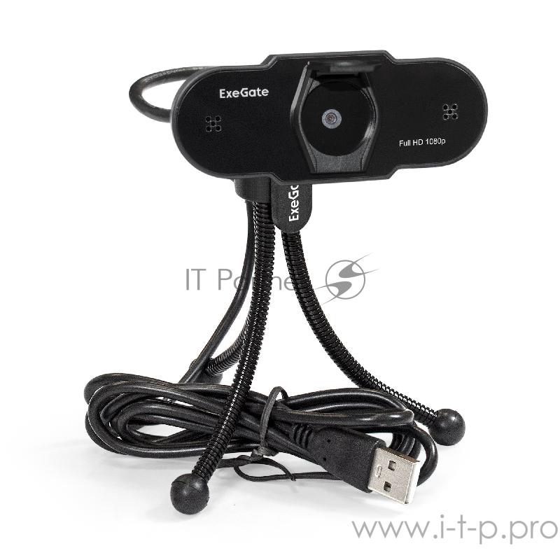 Веб-камера ExeGate EX287388RUS BlackView C615 FullHD Tripod (матрица 1/3 2 Мп, 1920х1080, 1080P, 30fps, 4-линзовый объектив, шторка, USB, фиксированный фокус, микрофон с шумоподавлением, универсальное крепление, штатив Flex в комплекте, кабель 1,5 м,