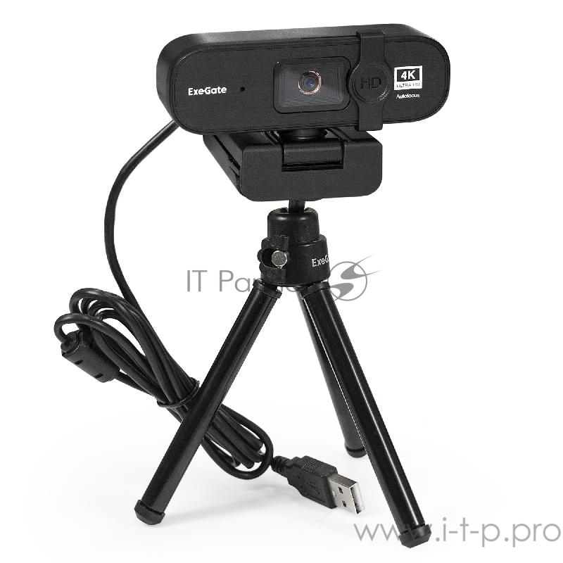Веб-камера ExeGate EX287383RUS Stream HD 4000 4K UHD T-Tripod (матрица 1/3 8 Мп, 3840x3104, 30fps, 6-линзовый объектив (стекло), автофокус, шторка, USB, микрофон с шумоподавлением, поворотное крепление, телескопический штатив Tripod Tele Ball, кабель