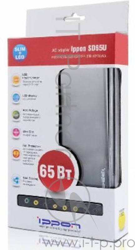 IPPON SD65U универс.адапт..для н/б(Универсальный адаптер для ноутбуков Ippon SD65U черный. Входное напряжение (50-60 Гц) ~110 В - 220 В. Выходные напряжения (с нагрузкой):- 15 В / 16 В / 18,5 В / 19 В / 19,5 В (-0,9 ~ +0,8 В). Подходит для MP3-плееро