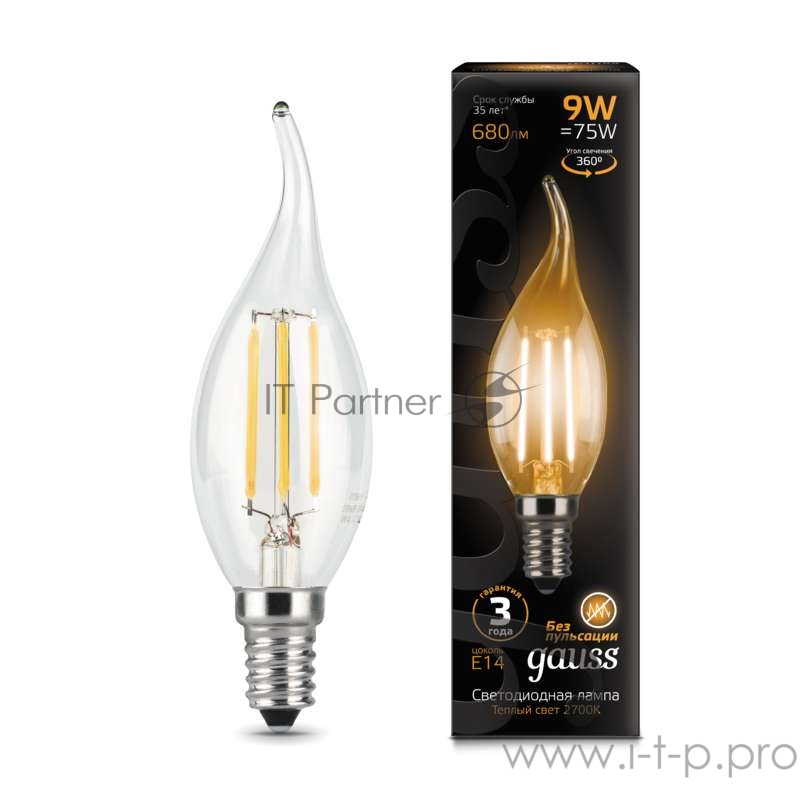 Лампа светодиодная Filament Свеча на ветру E14 9Вт 2700К GAUSS 104801109