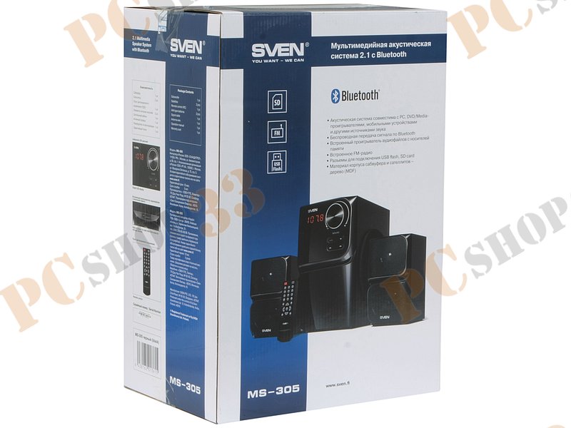 Акустическая система 2.1 Sven MS-305, сабвуфер 20Вт, сателлиты 2x10Вт, с MP3 плеером, с FM радио, черный (Bluetooth)