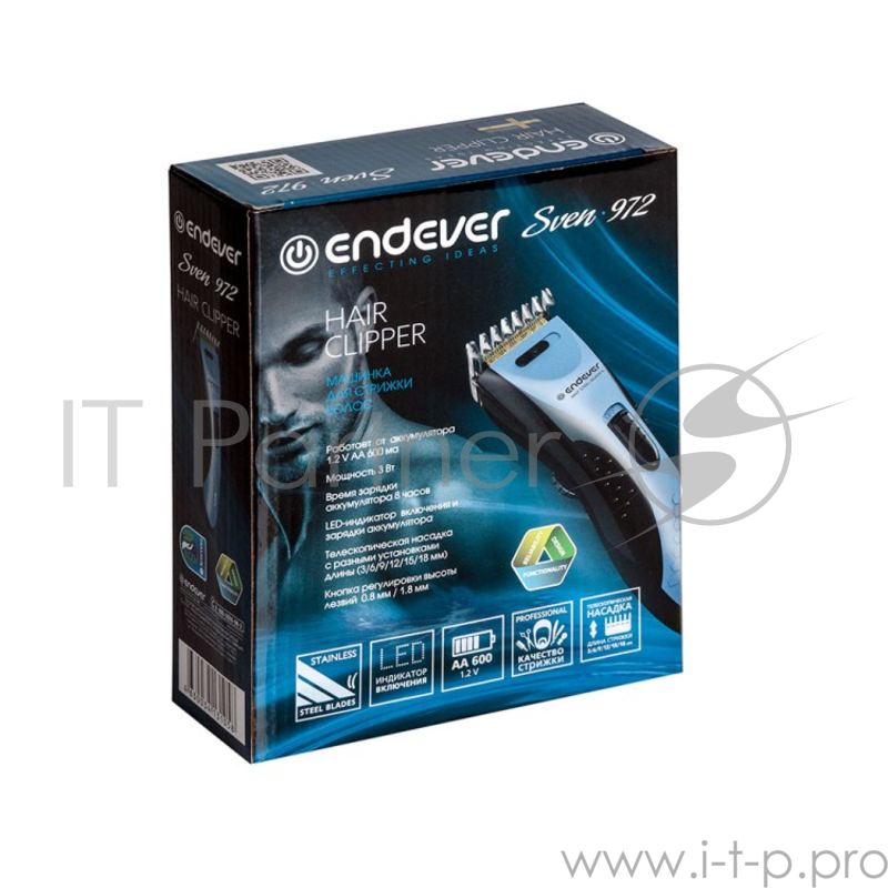 Машинка для стрижки Endever Sven 972, аккумуляторная, кнопка для регулировки высоты лезвия от 0.8 до 1,8 мм., насадки 3/6/9/12/15/18 мм.