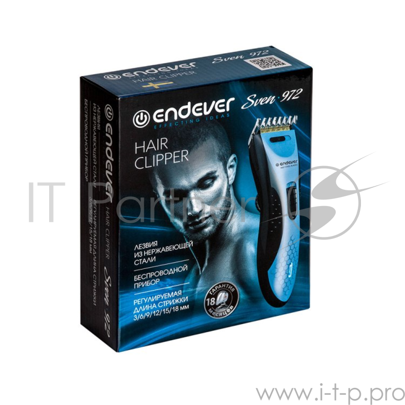 Машинка для стрижки Endever Sven 972, аккумуляторная, кнопка для регулировки высоты лезвия от 0.8 до 1,8 мм., насадки 3/6/9/12/15/18 мм.