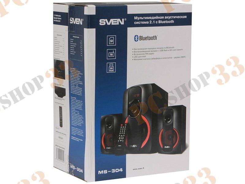 Акустическая система 2.1 Sven MS-304, сабвуфер 20Вт, сателлиты 2x10Вт, с MP3 плеером, с FM радио, черный (Bluetooth)
