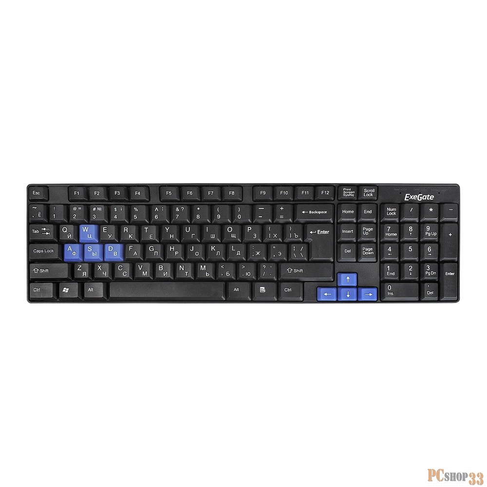 Клавиатура ExeGate EX283618RUS Professional Standard LY-402N (USB, полноразмерная, 102кл., Enter большой, 8 голубых клавиш, длина кабеля 1,35м, черная, Color box)