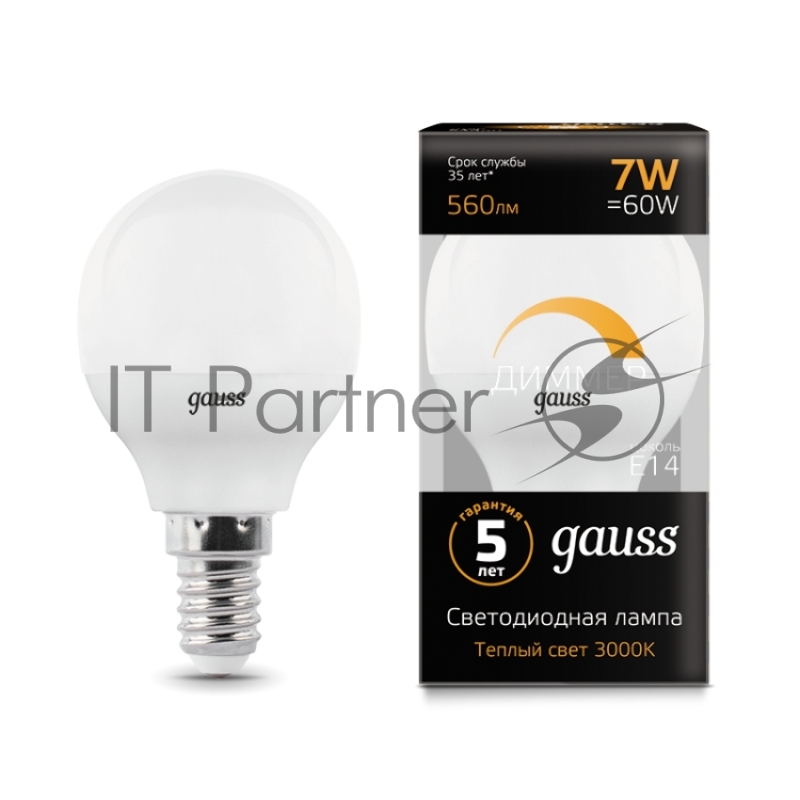 Лампа светодиодная Led Globe-dim E14 7Вт 3000К диммируемая Gauss 105101107-D